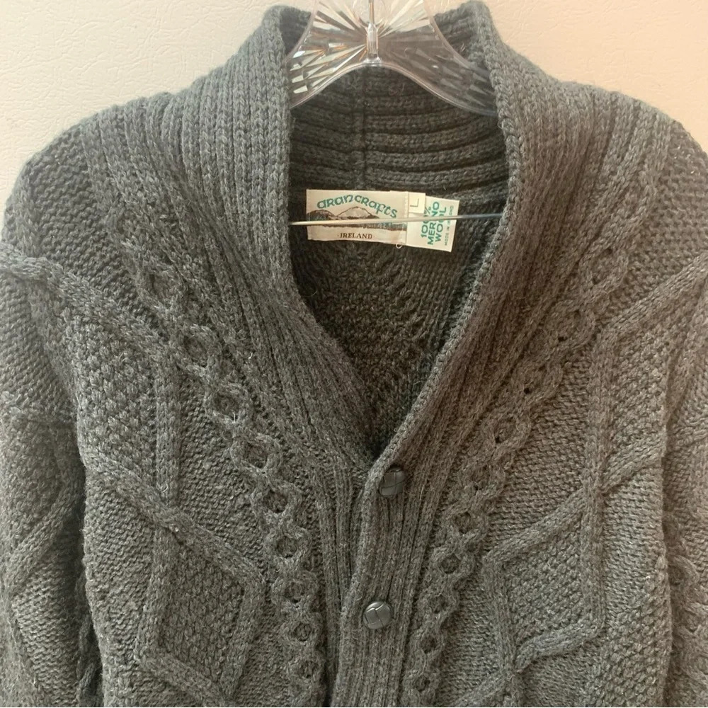 NWOT Aran Crafts Men’s Shawl Charcoal Cardigan 100% Merino Wool L - Picture 9 of 12